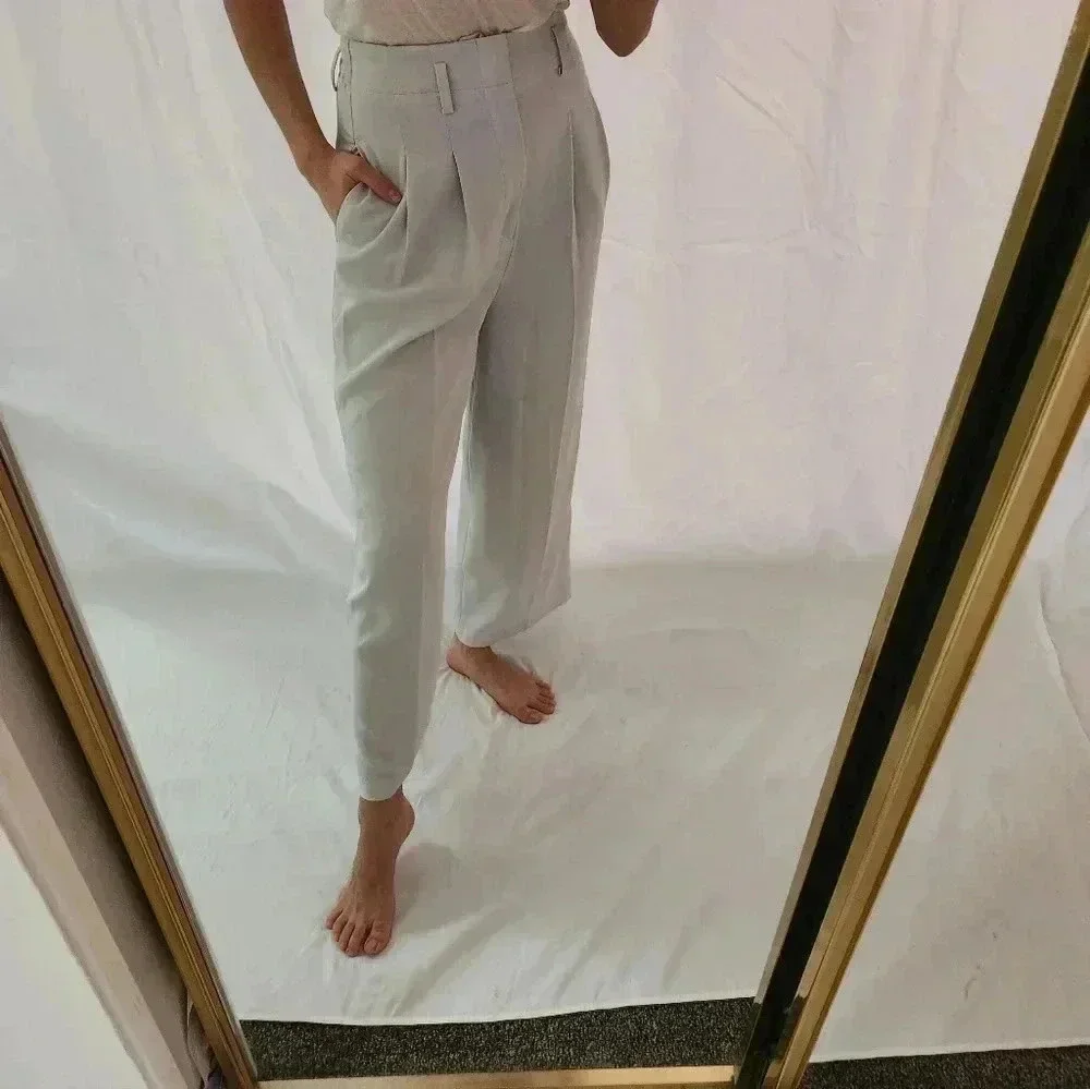 Vintage Pale Blue Wide Leg Trousers High Waisted Pockets Belt Loops Gray Cropped